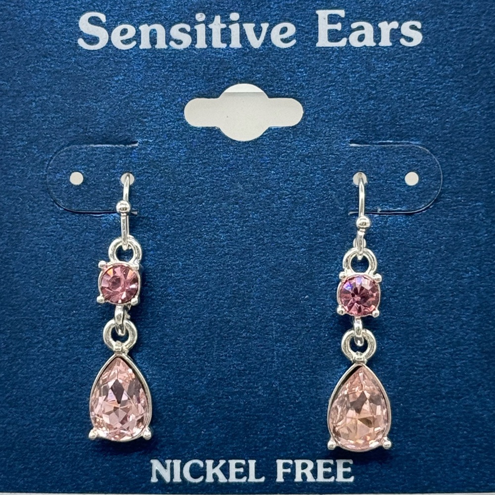 Silver Drop Crystal Stone dangling Pink 1.5 inch